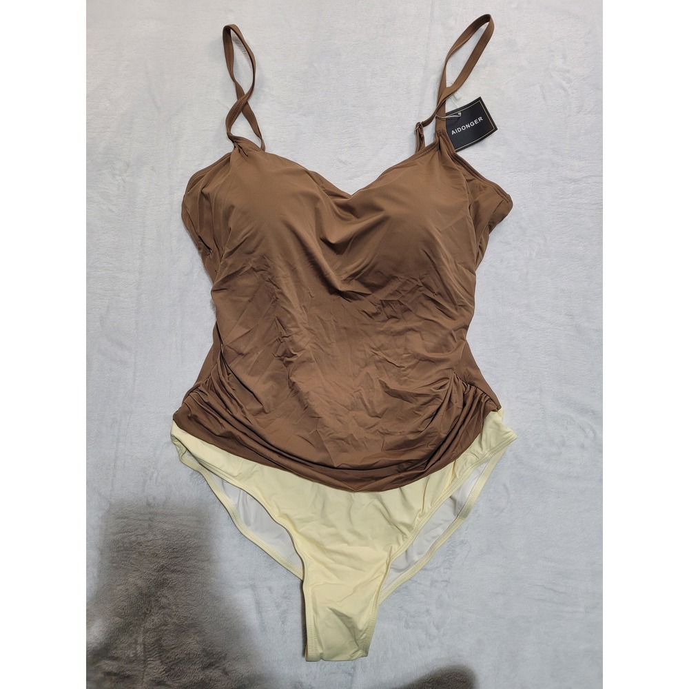 NWT Aidonger One Piece Swimsuit Womens XL Brown Ruched Tummy Control Adjustable